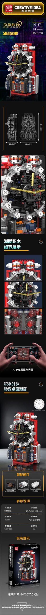 Các tính năng nổi bật của bộ lắp ráp Mould King 10187 Đồng hồ Động cơ, kết nối app, kích thước chi tiết.