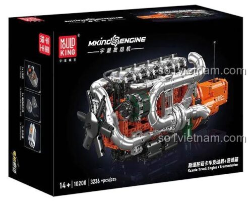 Hộp sản phẩm của đồ chơi mô hình Mould King 10200, thể hiện hình ảnh Khối động cơ V8 Scania và thông tin 3236 chi tiết.