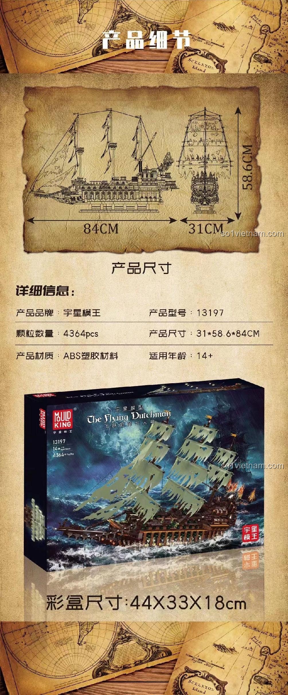 Thông số kỹ thuật Mould King 13197 Tàu Ma Người Hà Lan Bay, kích thước mô hình và hộp, 4364 mảnh ghép