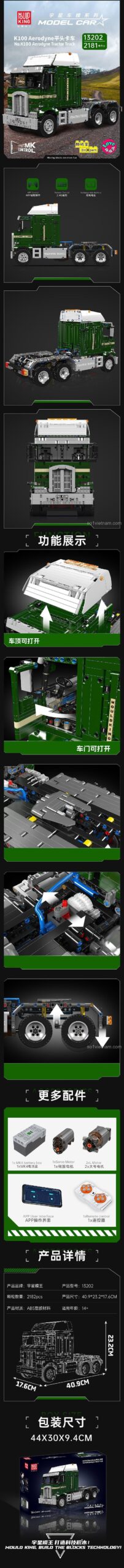 Chi tiết các tính năng và kích thước của bộ xếp hình Mould King 13202 Xe Đầu Kéo K100 Aerodyne, chất lượng cao.