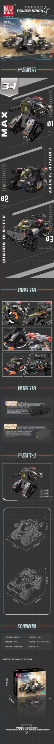 Thông số kỹ thuật Mould King 15083 Xe Tăng Biến Hình Max, đồ chơi mô hình 588 chi tiết, phát triển tư duy, giá rẻ.