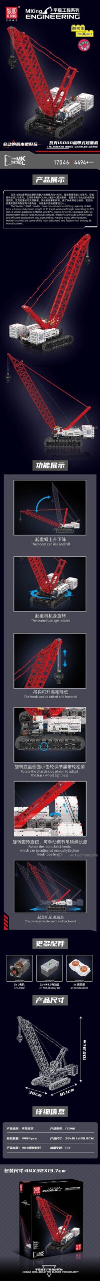 Tính năng và kích thước đồ chơi mô hình Mould King 17046 Cần Cẩu Bánh Xích Wacker 16000, điều khiển từ xa, 4494 chi tiết, phát triển tư duy