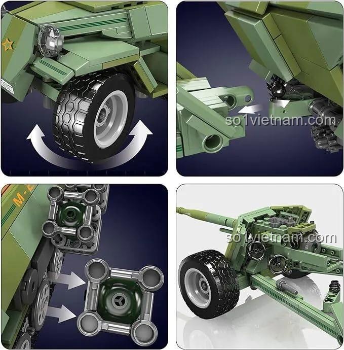 Các tính năng nổi bật của bộ lắp ghép Mould King 20027: bánh xe xoay, pháo chống tăng tháo lắp, chi tiết lắp ghép linh hoạt.