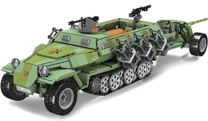 Hộp bộ lắp ghép Mould King 20027 Xe Bán Xích Bọc Thép và Pháo Chống Tăng, 1298 chi tiết, đồ chơi lắp ráp quân sự cho bé trai 8 tuổi.