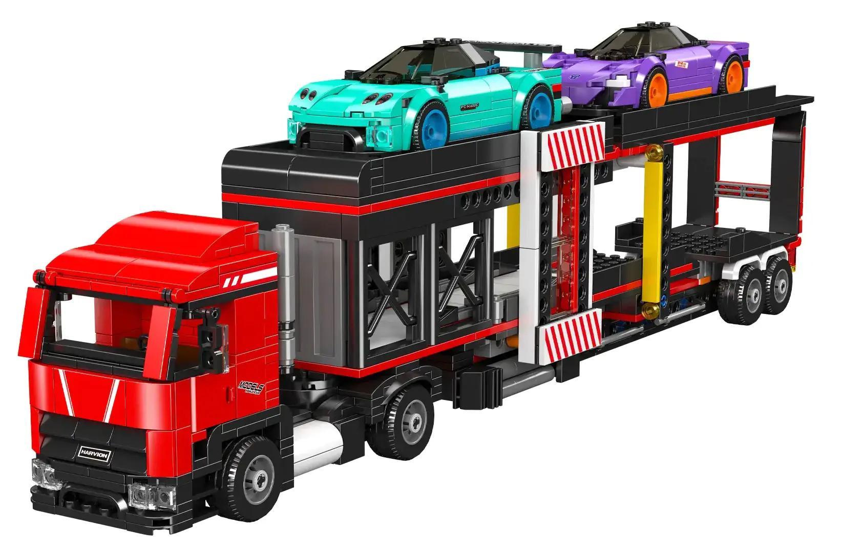 bộ lắp ghép Xe Tải Chuyên Chở Xe Đua Mould King 24078 cho bé trai 8 tuổi, mô hình xe tải và 2 siêu xe giá rẻ.