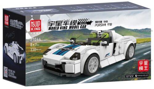 Hộp sản phẩm bộ đồ chơi Mould King 27044 Porsche 918, thể hiện mô hình xe đua trắng 338 mảnh ghép, chất lượng cao cho bé trai.