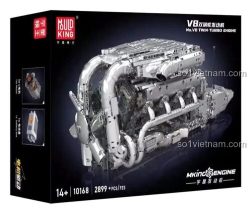Hộp sản phẩm MouldKing 10168 Động cơ V8 Twin-Turbo bộ lắp ghép, mô hình động cơ V8, đồ chơi kỹ thuật, 2899 mảnh, cho bé 14 tuổi, màu trắng bạc, giá tốt