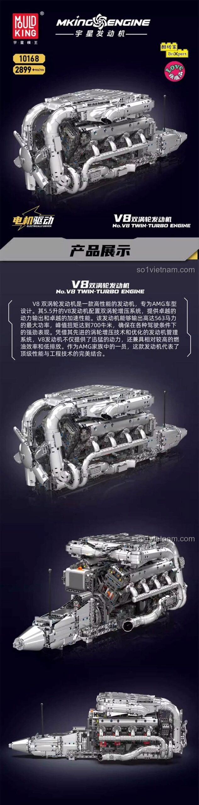 Chi tiết mô hình động cơ V8 Twin-Turbo MouldKing 10168, bộ lắp ghép, đồ chơi kỹ thuật, 2899 mảnh, cho bé 14 tuổi, màu trắng bạc, giá tốt