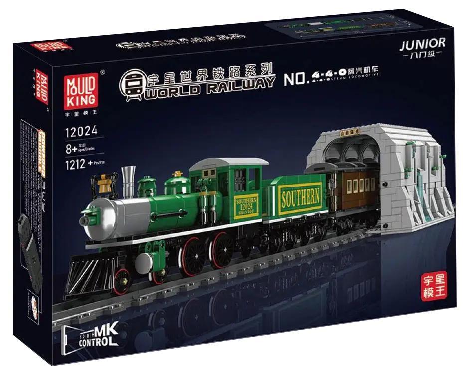 MouldKing 12024 Tàu Hơi Nước Cổ Điển, bộ đồ chơi tàu hỏa, 1212 mảnh ghép, phù hợp cho bé trai 8 tuổi, màu xanh lá, xám, nâu, kích thước mô hình 65x4.6x9.5cm, giá tốt