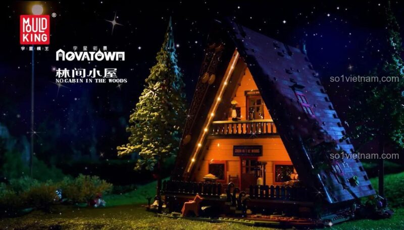 MouldKing 16053 Cabin In The Woods mô hình nhà gỗ ban đêm với ánh đèn ấm áp