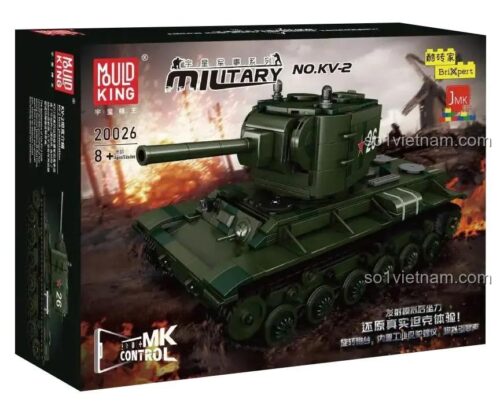 Hộp sản phẩm bộ lắp ghép xe tăng hạng nặng KV-2 MouldKing 20026, có hình ảnh mô hình xe tăng và thông tin sản phẩm