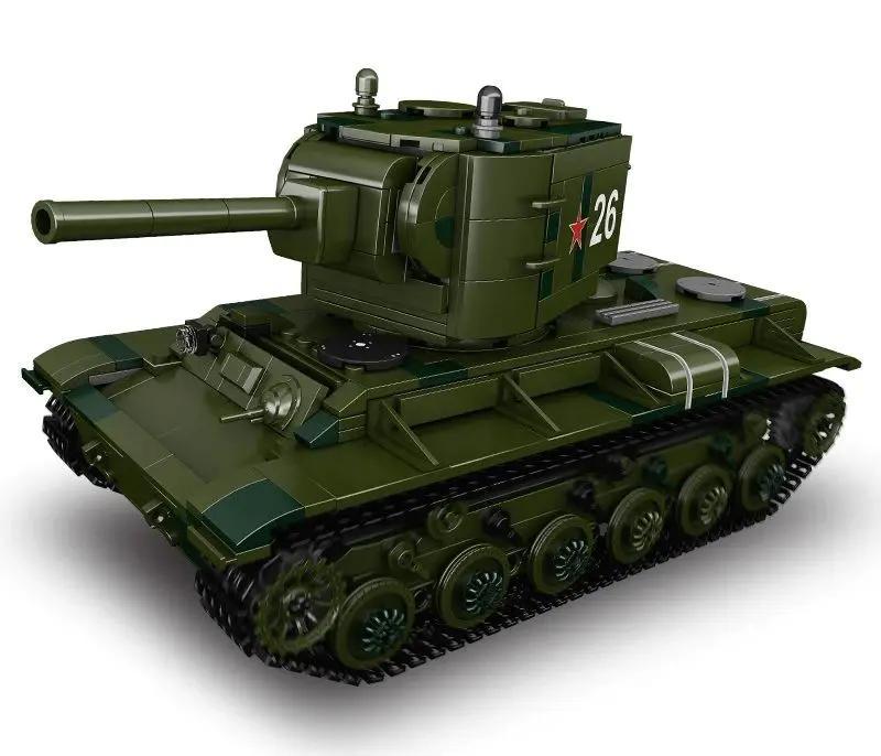 Mô hình xe tăng hạng nặng KV-2 MouldKing 20026 màu xanh lá, nhìn từ phía trước, có nòng pháo lớn và tháp pháo