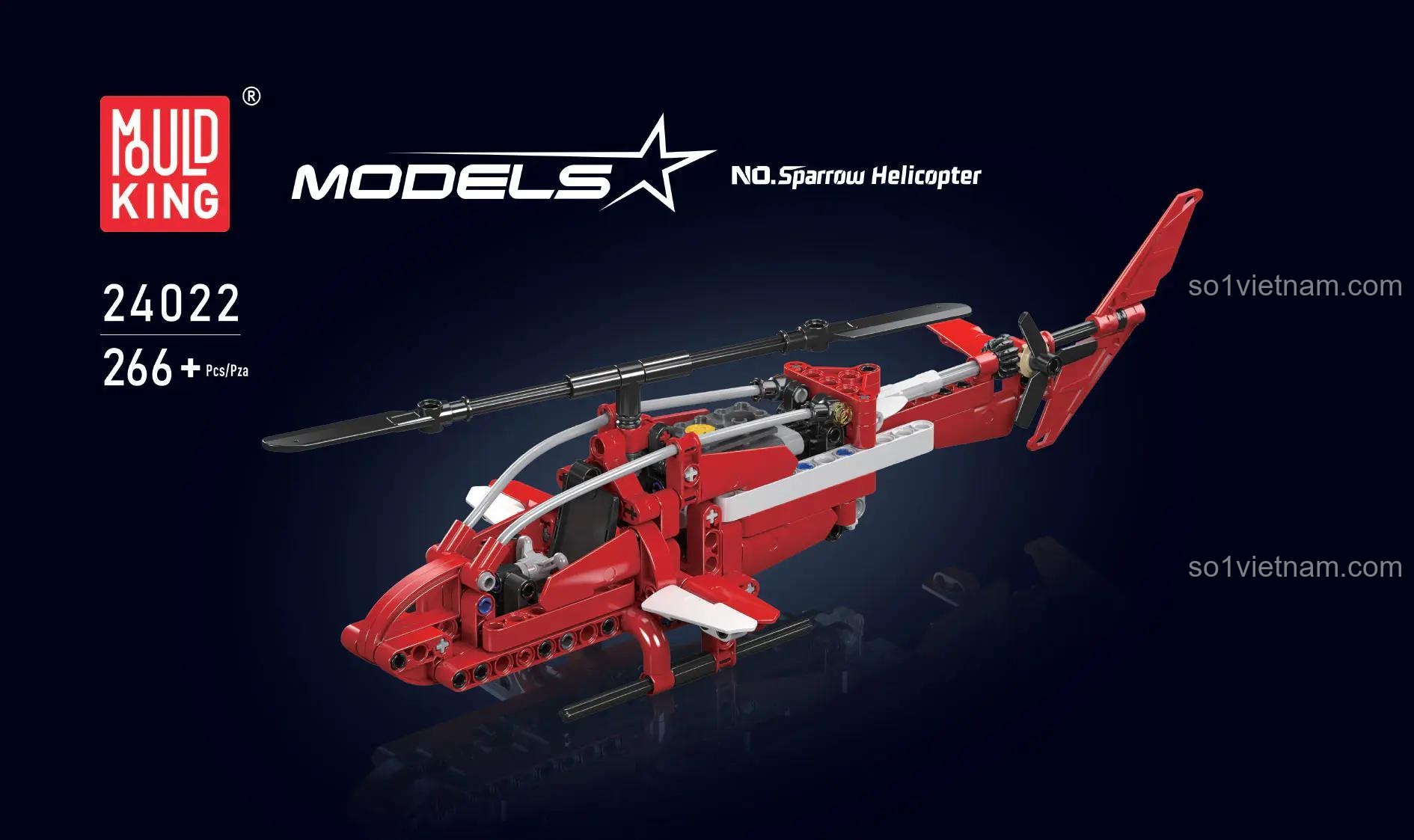 Hộp đựng MouldKing 24022 Trực thăng Chim Sẻ, có hình ảnh sản phẩm, thông số 266 mảnh, độ tuổi 14, dành cho bé trai