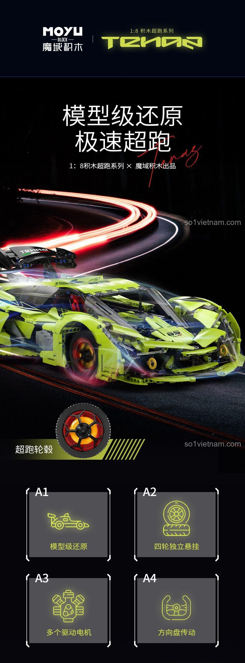 bộ đồ chơi MOYU BLOCK MY88028, mô tả tính năng hệ thống treo độc lập và động cơ cho bé trai 8 tuổi