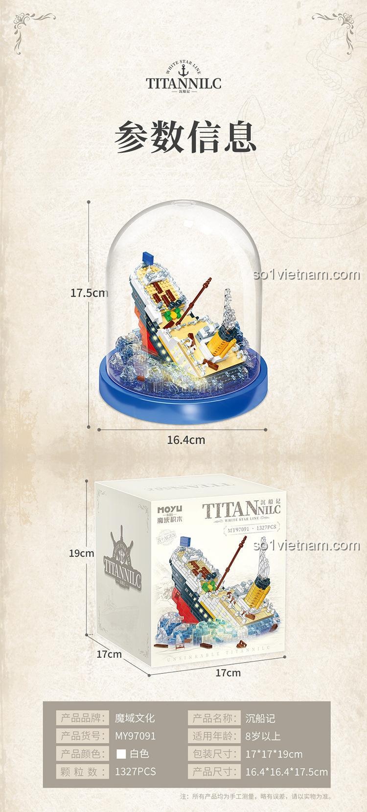 Thông số kỹ thuật bộ lắp ghép MOYU BLOCK MY97091 Mô hình Tàu Titanic, kích thước mô hình và hộp, đồ chơi giáo dục cho bé 8 tuổi