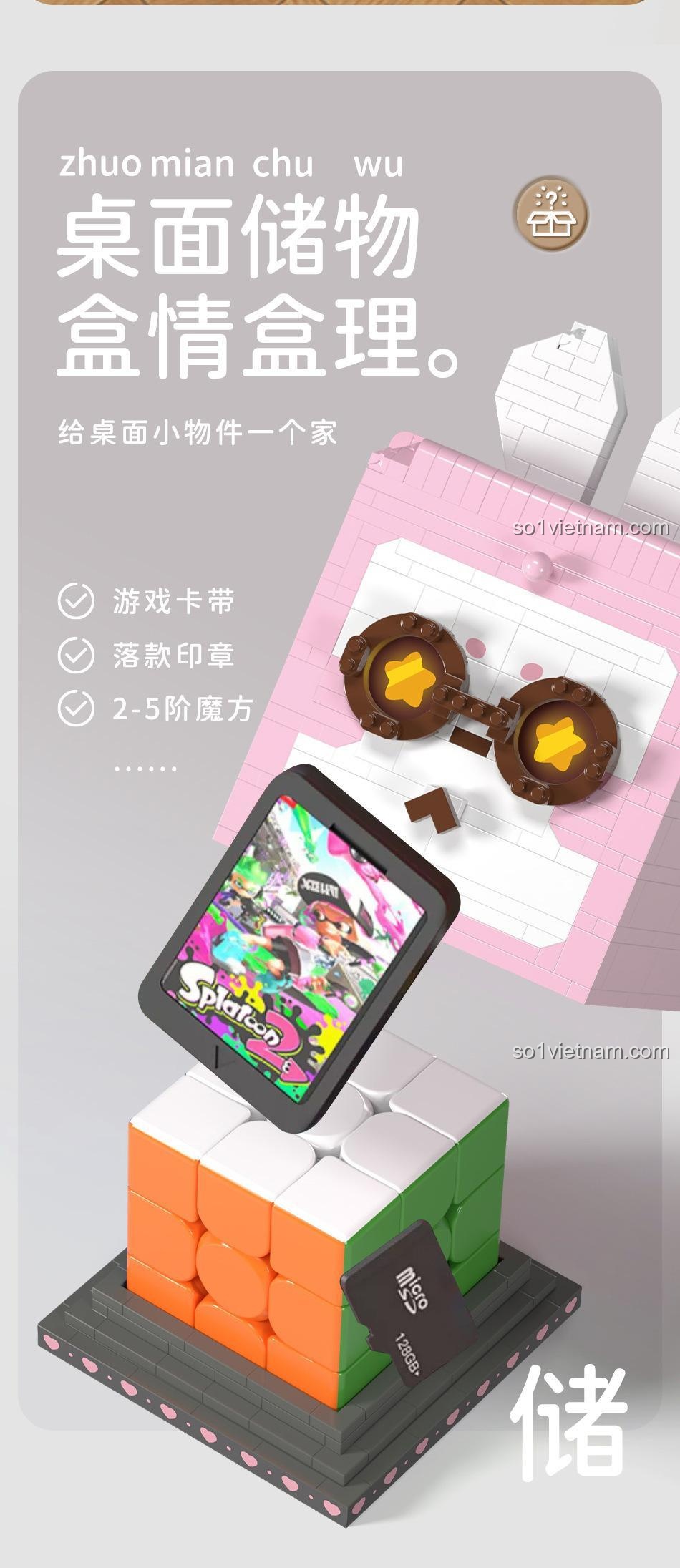 Ảnh quảng cáo bộ sưu tập 4 mẫu hộp đựng đồ lắp ráp của MOYU BLOCK, bao gồm Mô hình Thỏ Hồng đeo kính MY97115.