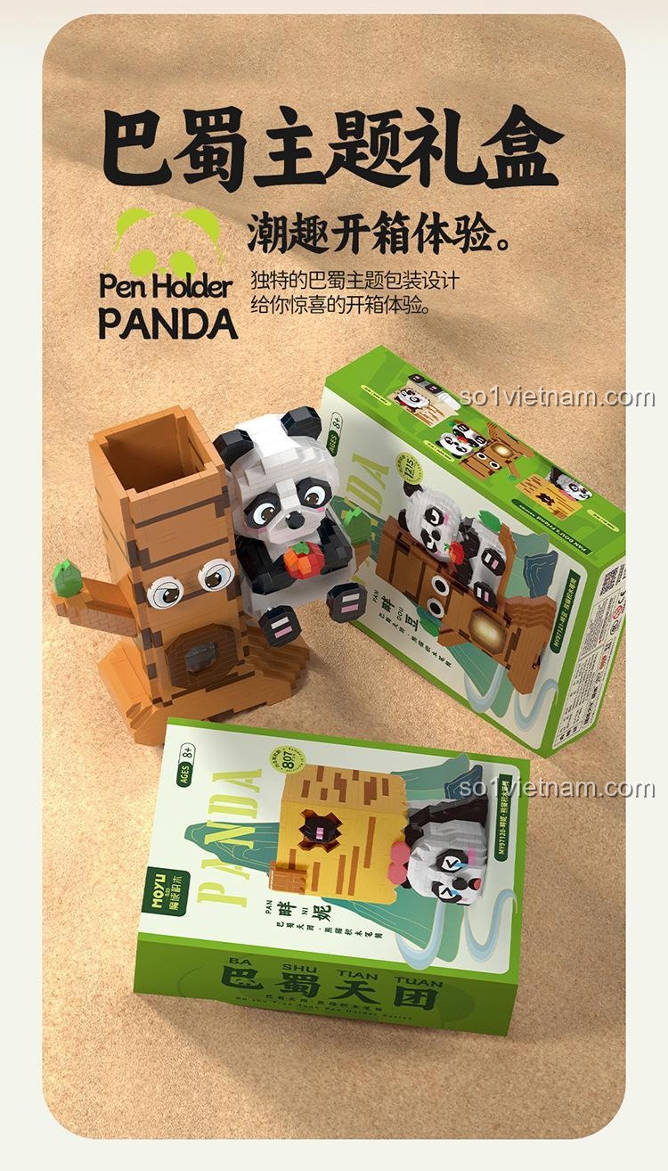 Hộp bút gấu trúc MOYU BLOCK MY97119, STEM toy, 901 mảnh, 3 mẫu lắp ráp, có đèn LED, giá đỡ điện thoại, đồ chơi phát triển trí tuệ cho bé