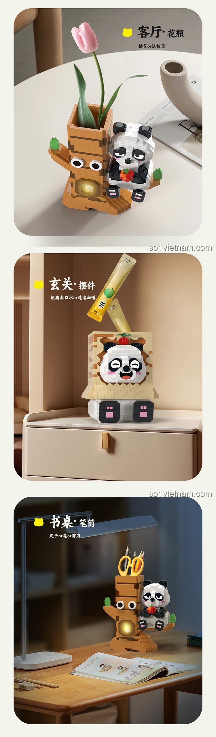 Hộp bút gấu trúc MOYU BLOCK MY97119, xếp khối, 901 mảnh, 3 mẫu lắp ráp, có đèn LED, giá đỡ điện thoại, đồ chơi phát triển trí tuệ cho bé 8 tuổi