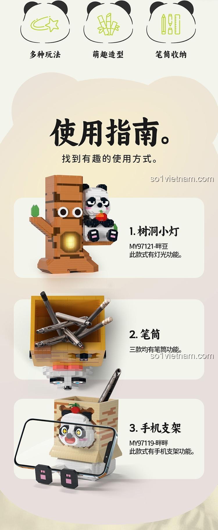 Giá đỡ điện thoại Gấu trúc Bút chì - 3 trong 1 MOYU BLOCK MY97120, đồ chơi mô hình Gấu trúc cho bé 8 tuổi