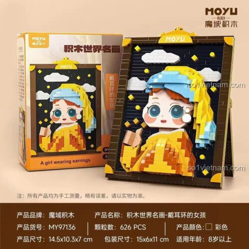 Kích thước chi tiết của bộ lắp ghép tranh MOYU BLOCK MY97136 và hộp đựng, món quà sáng tạo giá tốt cho bé.