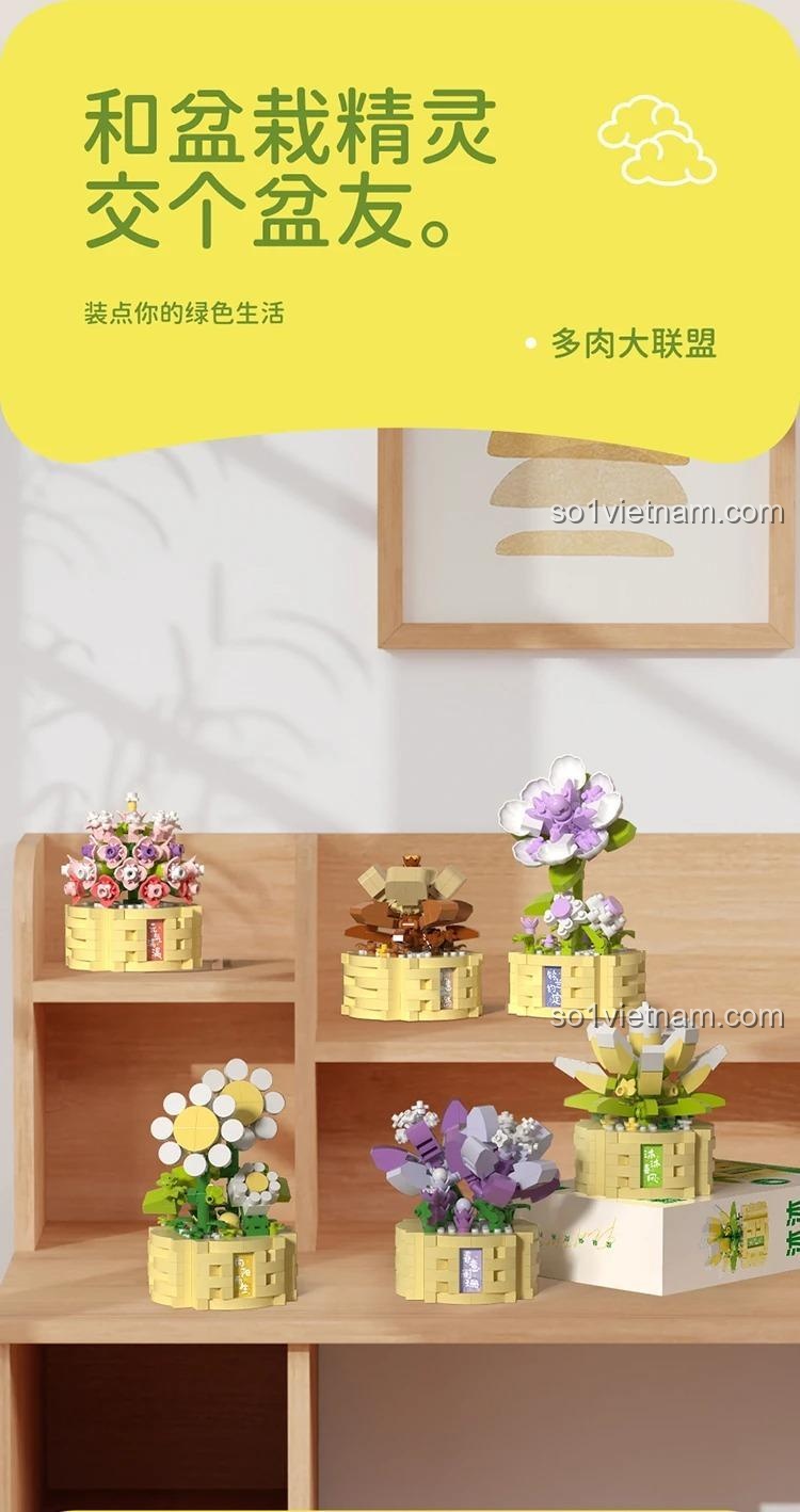 Sử dụng bộ lắp ghép MOYU BLOCK MY97140 để trang trí bàn làm việc, tạo không gian xanh.