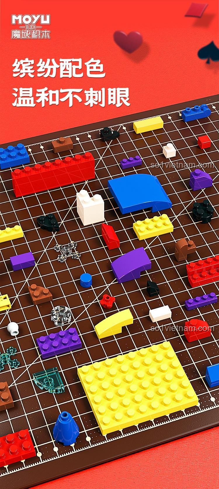 Các mảnh ghép MOYU BLOCK MY97149 với màu sắc chủ đạo đỏ vàng tím đen, tương thích LEGO®