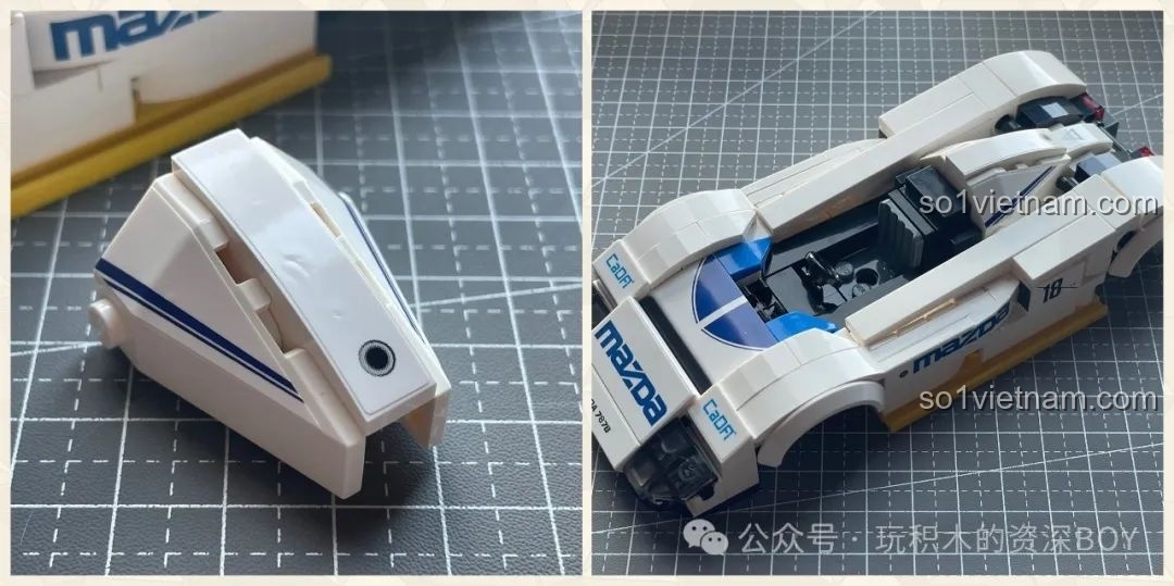 Nắp động cơ của mô hình CaDA C55029 Mazda 787B, sẵn sàng để lắp vào thân xe.