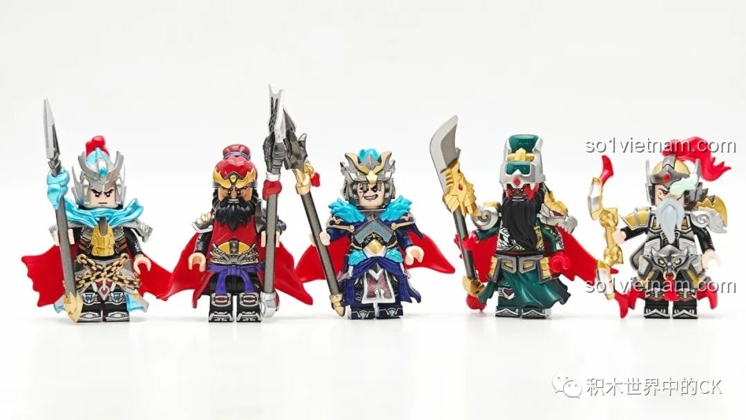 Năm minifigure Ngũ Hổ Tướng Kuzhao Studio đã lắp ráp hoàn chỉnh, nhìn từ một góc khác.