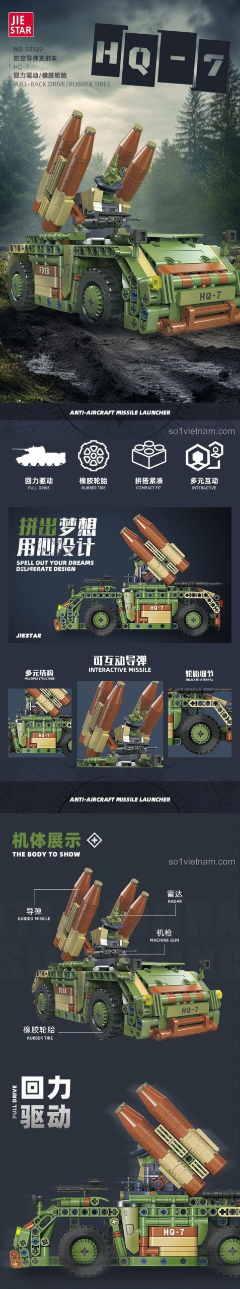 Xe Tên Lửa Phòng Không HQ-7 JIESTAR 58139 - chi tiết lắp ráp, đồ chơi giáo dục cho bé trai