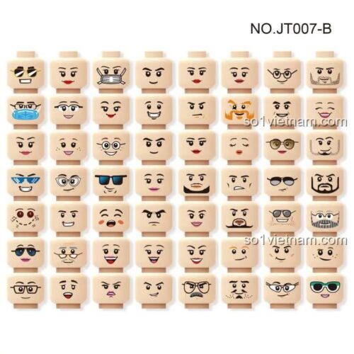 Tổng hợp các mẫu đầu minifigure màu da người và màu vàng của bộ phụ kiện đồ chơi Đầu minifigure JT007B, lựa chọn giá rẻ cho bé trai và bé gái 6 tuổi.