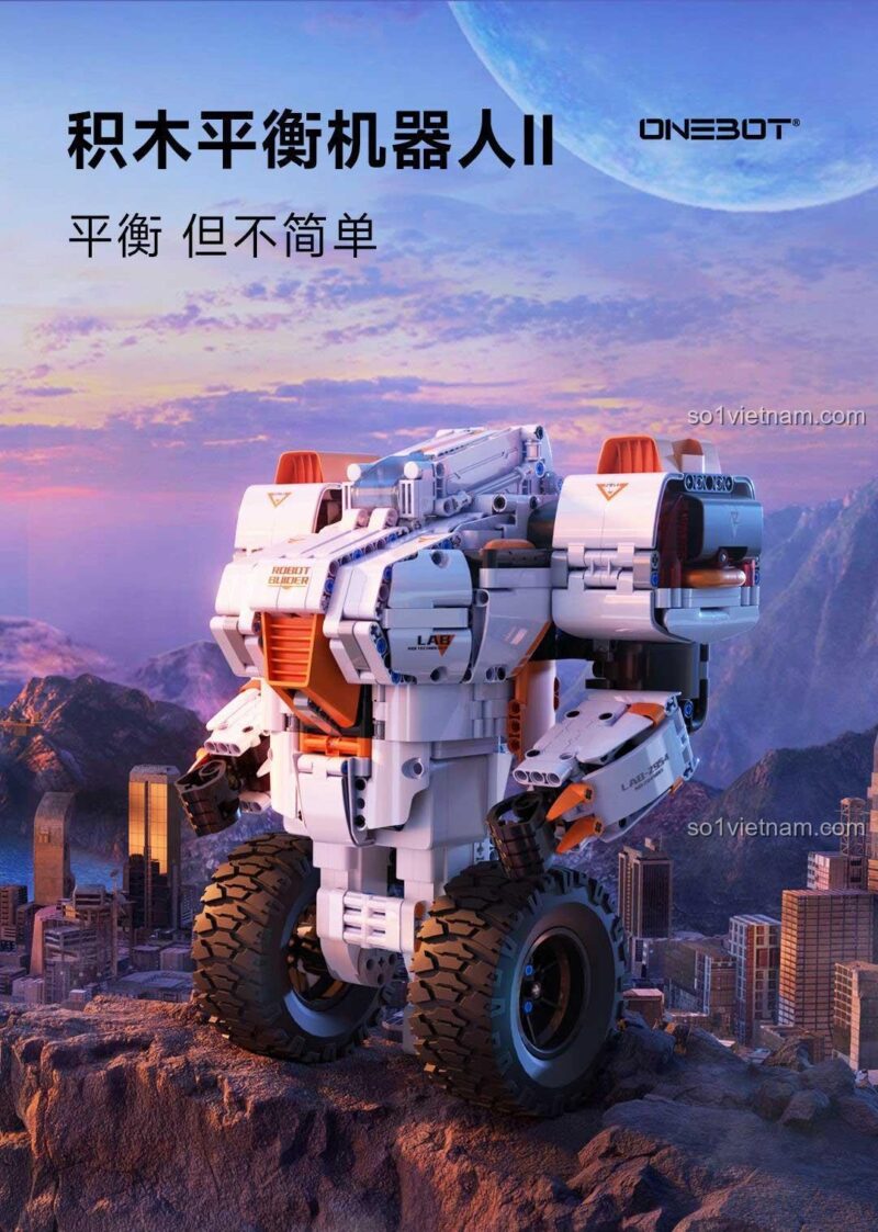 Poster chính thức của đồ chơi mô hình Mecha Tự Cân Bằng OBJQR72AIQI với slogan 'Cân bằng nhưng không đơn giản'.