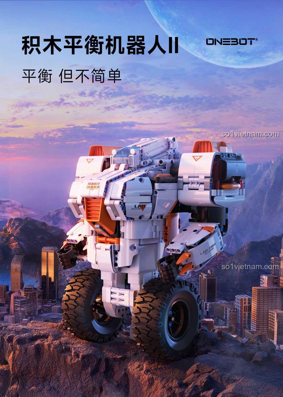 Poster chính thức của đồ chơi mô hình Mecha Tự Cân Bằng OBJQR72AIQI với slogan 'Cân bằng nhưng không đơn giản'.