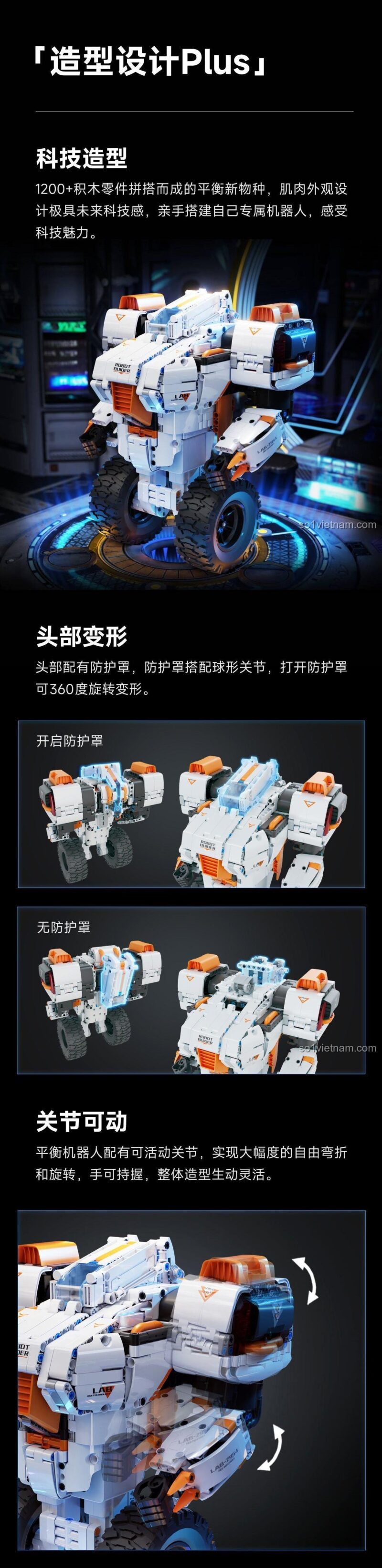 Chi tiết thiết kế của bộ lắp ráp Robot 2 Bánh Tự Cân Bằng, nhấn mạnh vào các khớp nối linh hoạt và đầu có thể biến hình.