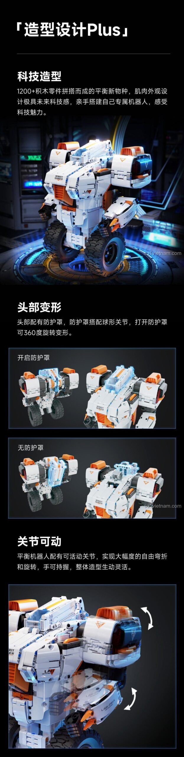 Chi tiết thiết kế của bộ lắp ráp Robot 2 Bánh Tự Cân Bằng, nhấn mạnh vào các khớp nối linh hoạt và đầu có thể biến hình.