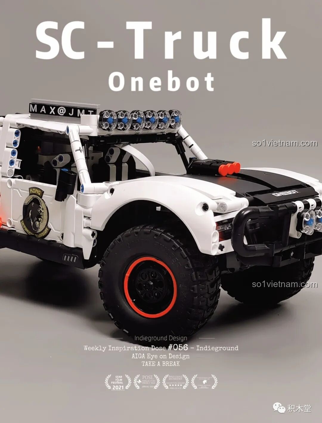 Hình ảnh tổng thể chiếc ONEBOT OBLGPT09AIQI Xe Đua Off-road màu trắng đen, nổi bật với đèn pha và bánh xe lớn, sẵn sàng cho mọi cuộc đua.