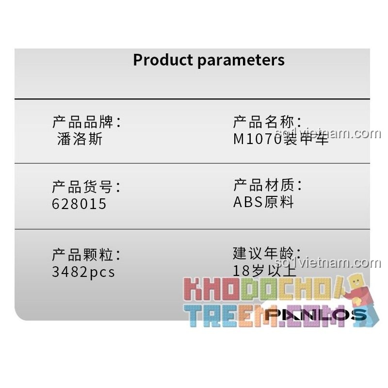 Thông số chi tiết sản phẩm Panlos 628015 M1070 Armored Vehicle - 3482 mảnh, ABS nguyên liệu, 18 tuổi trở lên