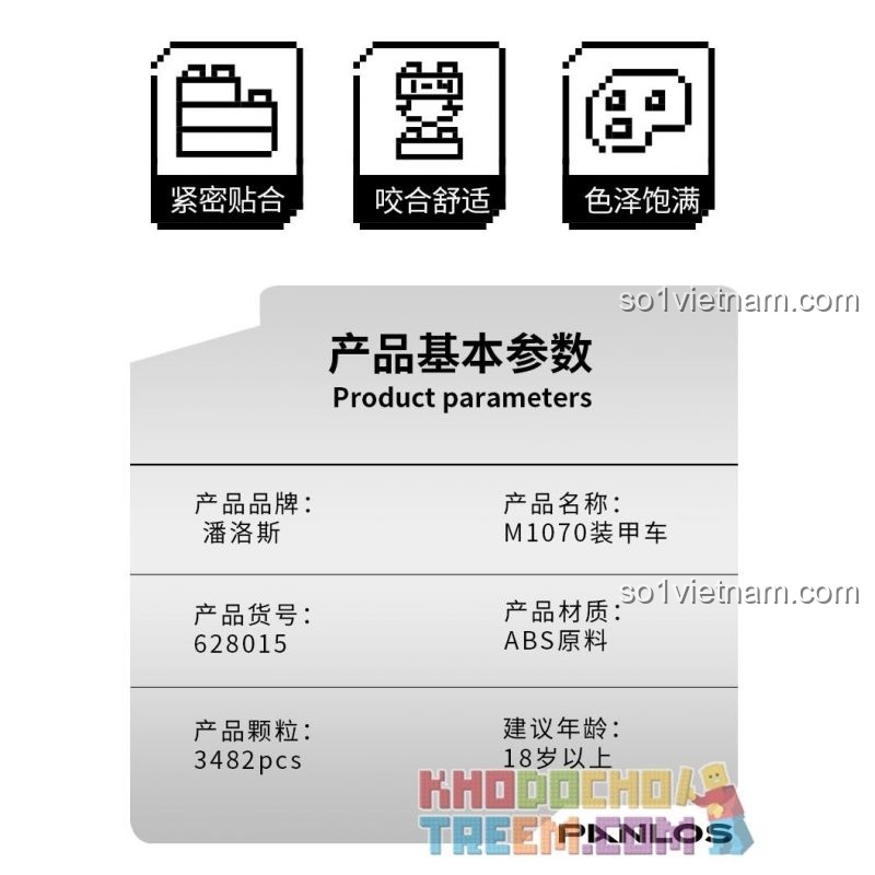 Thông số sản phẩm Panlos 628015 M1070 Armored Vehicle - Số chi tiết, chất liệu, độ tuổi khuyến nghị