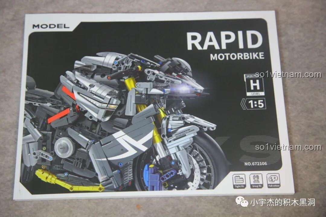Bìa sách hướng dẫn lắp ráp Panlos 672106 Mô tô Tốc Độ Rapid với hình ảnh mô hình hoàn chỉnh.