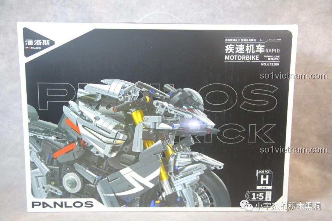 Hộp sản phẩm Panlos 672106 Mô tô Tốc Độ Rapid với hình ảnh mô hình xe máy Technic 1:5 màu bạc và đen.