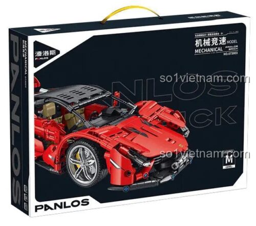 Hình ảnh hộp sản phẩm đồ chơi mô hình Panlos Brick 673003 Cỗ máy tốc độ Ferrari SF90. Hộp màu đen sang trọng, thể hiện hình ảnh siêu xe và logo hãng.