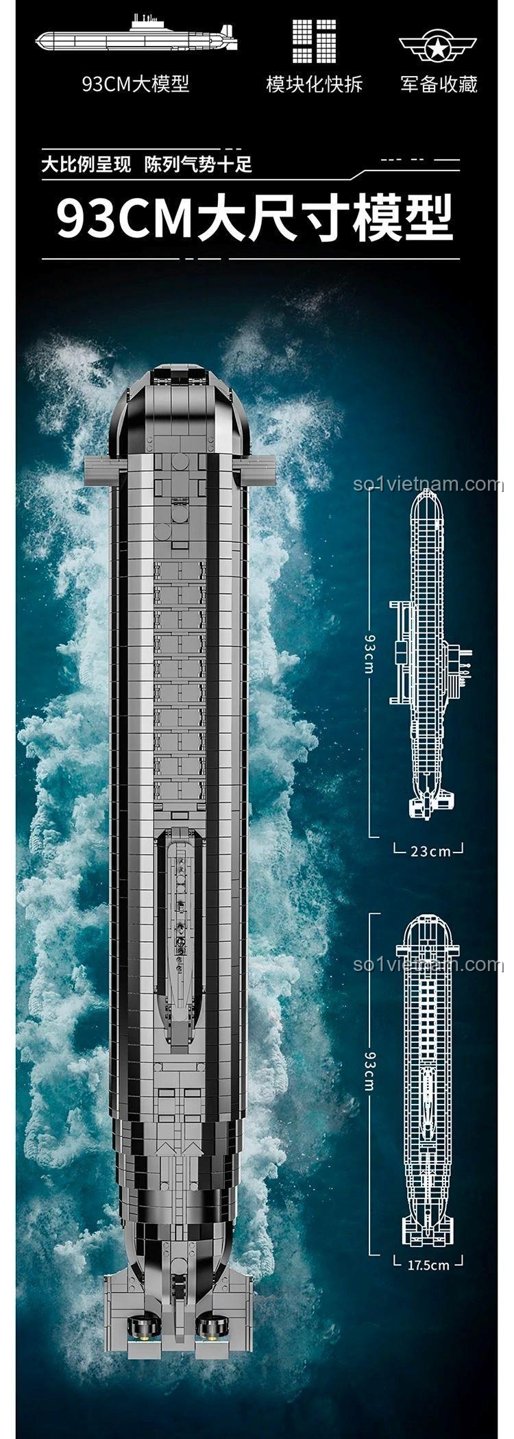 Kích thước mô hình tàu ngầm hạt nhân Typhoon PanlosBrick 628020, dài 93cm, rộng 17.5cm, cao 23cm, đồ chơi lắp ghép quân sự