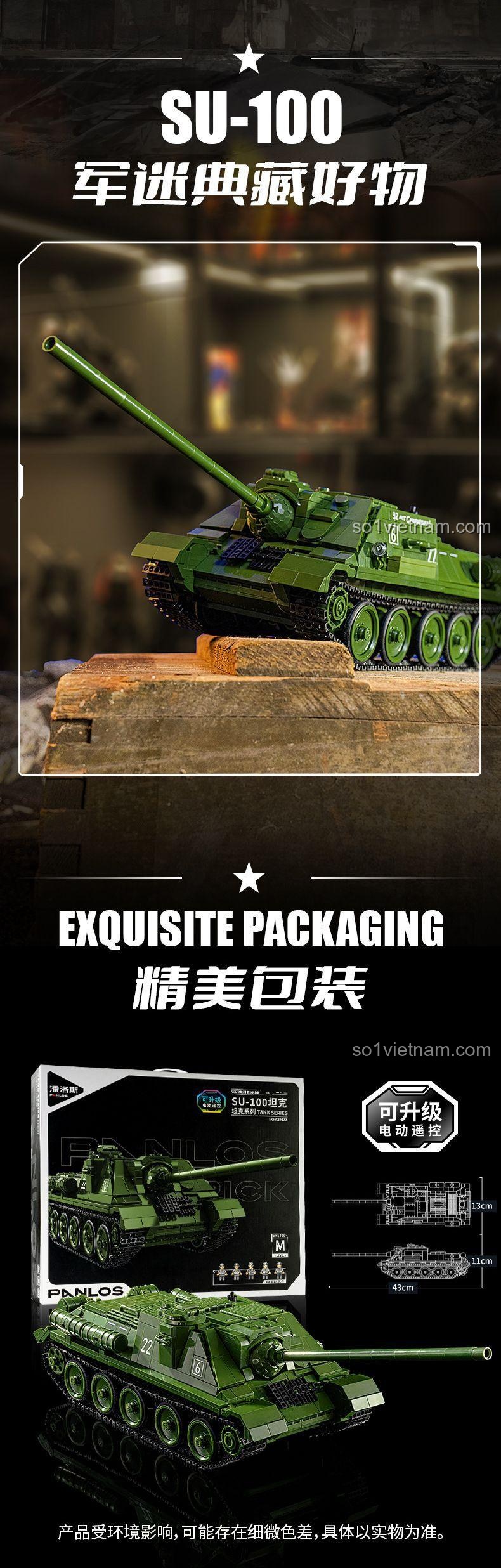 Kích thước mô hình xe tăng diệt tăng SU-100 PanlosBrick: 43cm dài, 13cm rộng, 11cm cao