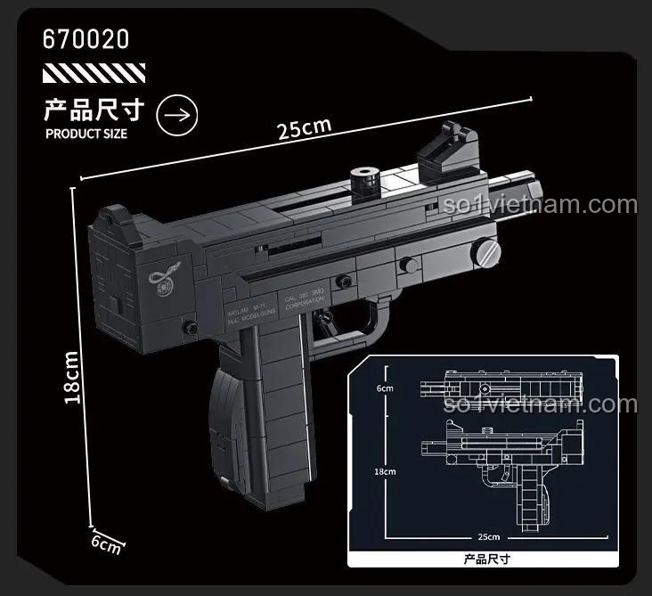 Kích thước súng M10 Submachine Gun PanlosBrick 670020, đồ chơi súng cho bé trai 6 tuổi, chi tiết cao, lắp ráp súng