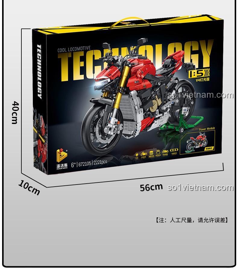 Kích thước hộp bộ lắp ráp PanlosBrick 672105 mô hình Ducati V4: dài 56cm, rộng 40cm, cao 10cm, đồ chơi xây dựng giá tốt