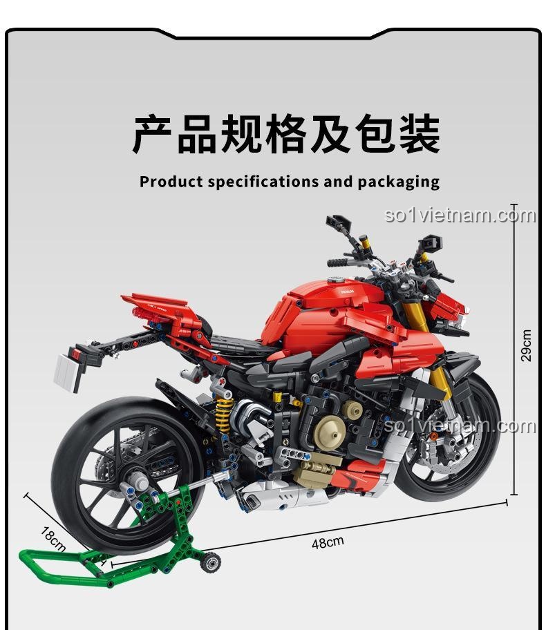 Kích thước mô hình xe mô tô Ducati Superleggera V4 PanlosBrick 672105: dài 48cm, rộng 18cm, cao 29cm, đồ chơi mô hình chất lượng cao