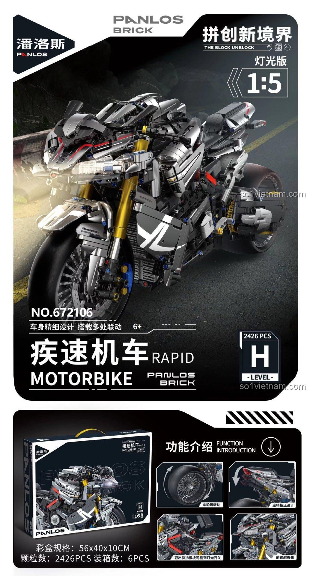 Hộp đồ chơi mô hình PanlosBrick 672106 Mô tô Tốc Độ Rapid hiển thị các tính năng nổi bật như đèn LED, bánh xe xoay, giảm xóc, phù hợp bé trai 6 tuổi.