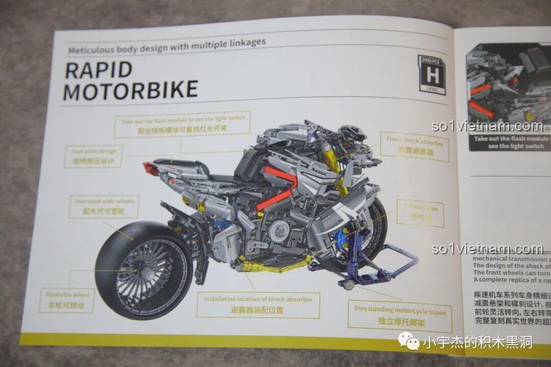 Nội dung bên trong hộp bộ lắp ghép PanlosBrick 672106 Mô tô Tốc Độ Rapid, các túi chi tiết được sắp xếp gọn gàng, đồ chơi chất lượng cao.