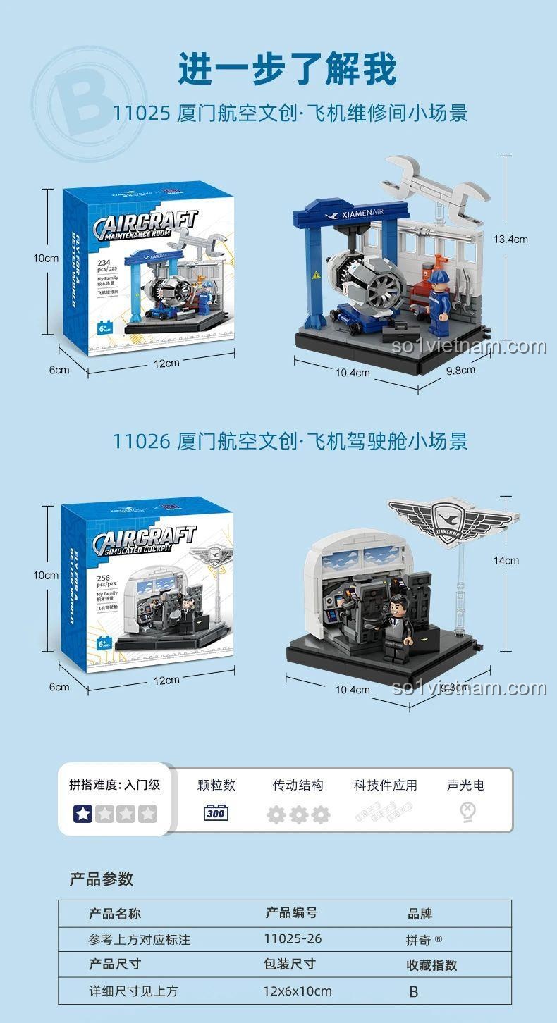 Chi tiết động cơ phản lực và các dụng cụ sửa chữa trong bộ lắp ghép Xưởng bảo dưỡng máy bay Pantasy.