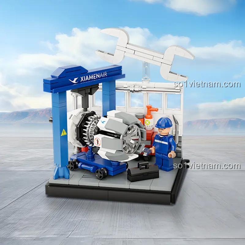 Mô hình hoàn chỉnh đồ chơi mô hình Pantasy 11025, mô phỏng xưởng bảo dưỡng máy bay của hãng hàng không XiamenAir.