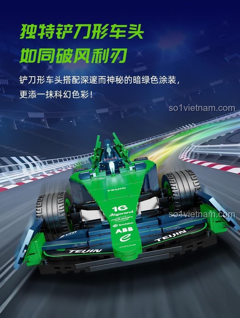 Cận cảnh đầu xe của Xe Đua Công Thức E Pantasy, thiết kế độc đáo, đồ chơi lắp ráp phát triển tư duy.